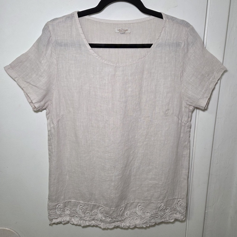 Lina Tomei Italy 100% Linen Embroidered Hem Blouse Top Beige Women's Size L‎